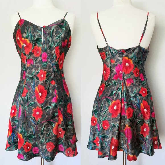 VTG Morgan Taylor 100% Silk Chemise Mini Slip Dress M Poppy Floral Romantic Y2K - Picture 8 of 9